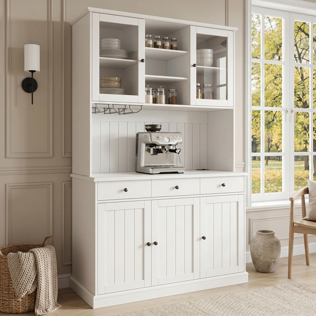 BUFFETSCHRANK 120x40x191 cm, Glastüren, Gläserhalter, 2 Steckdosen, USB-A/USB-C-Anschlüsse, Weiß - Weiß, Holzwerkstoff (120/191/40cm) - FOHERE