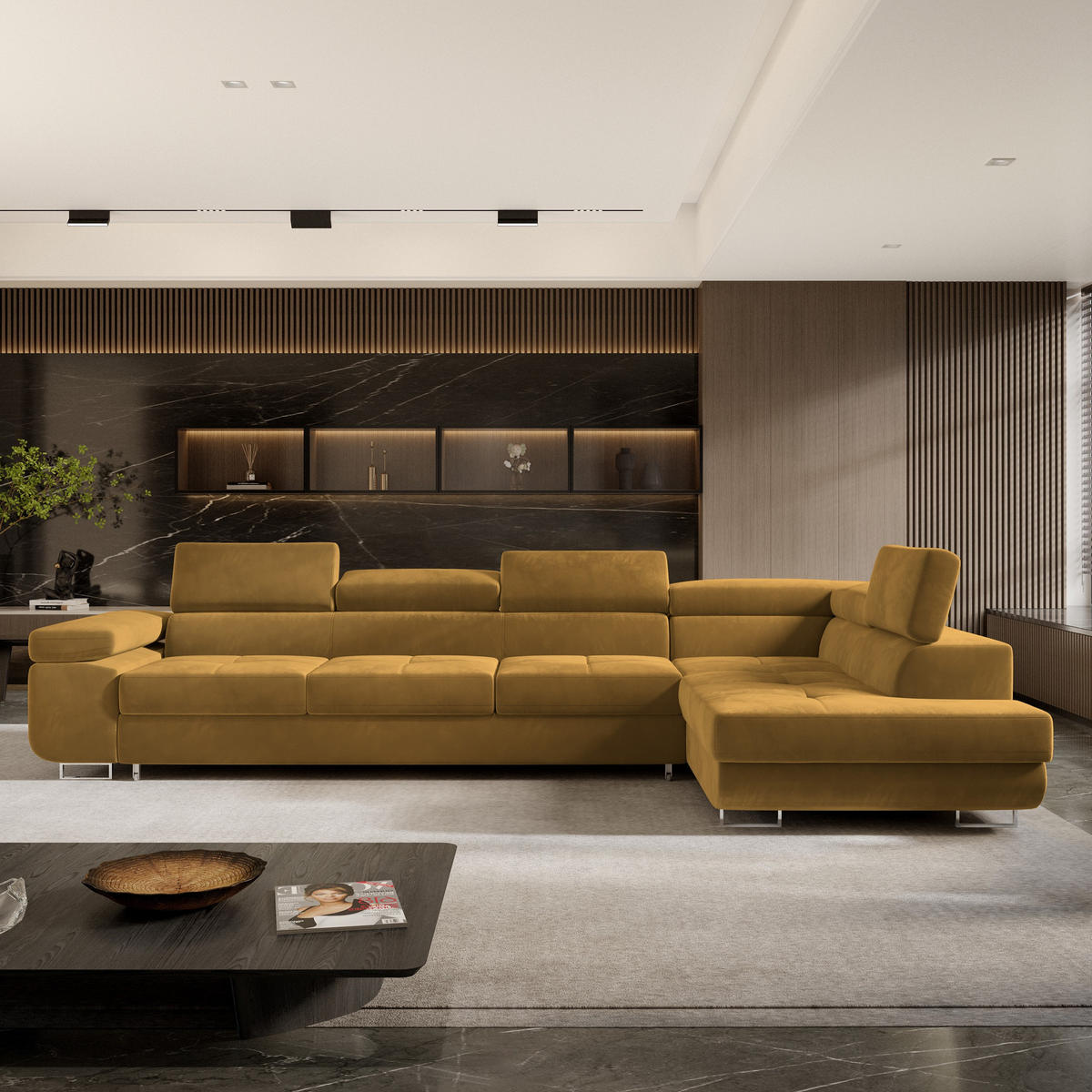 ECKSOFA VICENTE Gelb Velours-Stoff mit Schlaffunktion - Gelb, Holz (346/202cm) - MASSENO