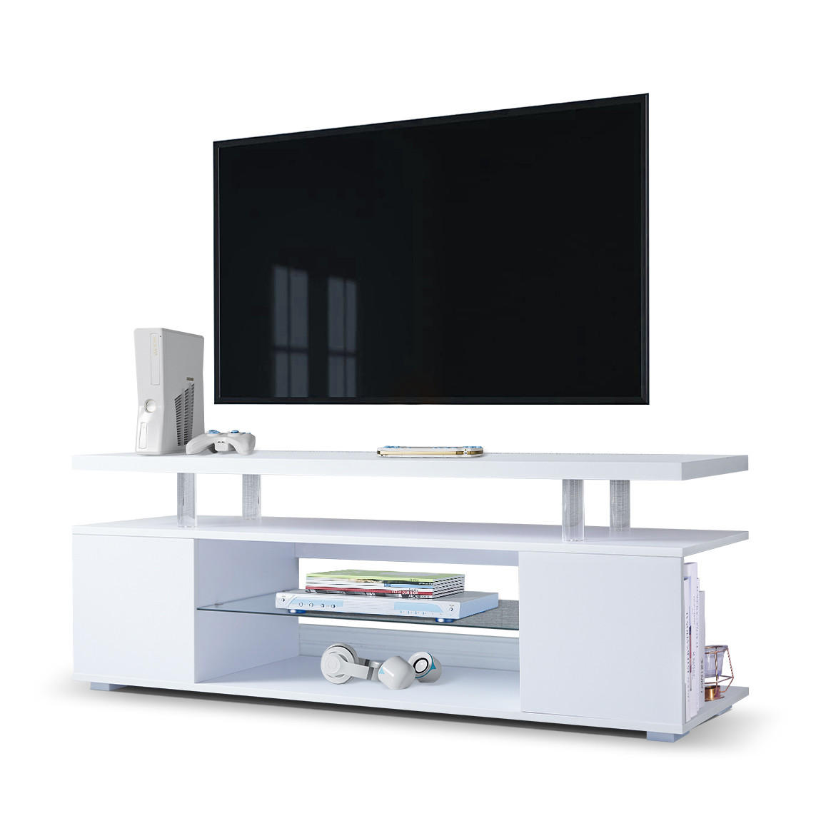 LOWBOARD DE-40487 LED mit seitlichem Schrank Weiß - Weiß, Holzwerkstoff (130/48/40cm) - ComfortXL