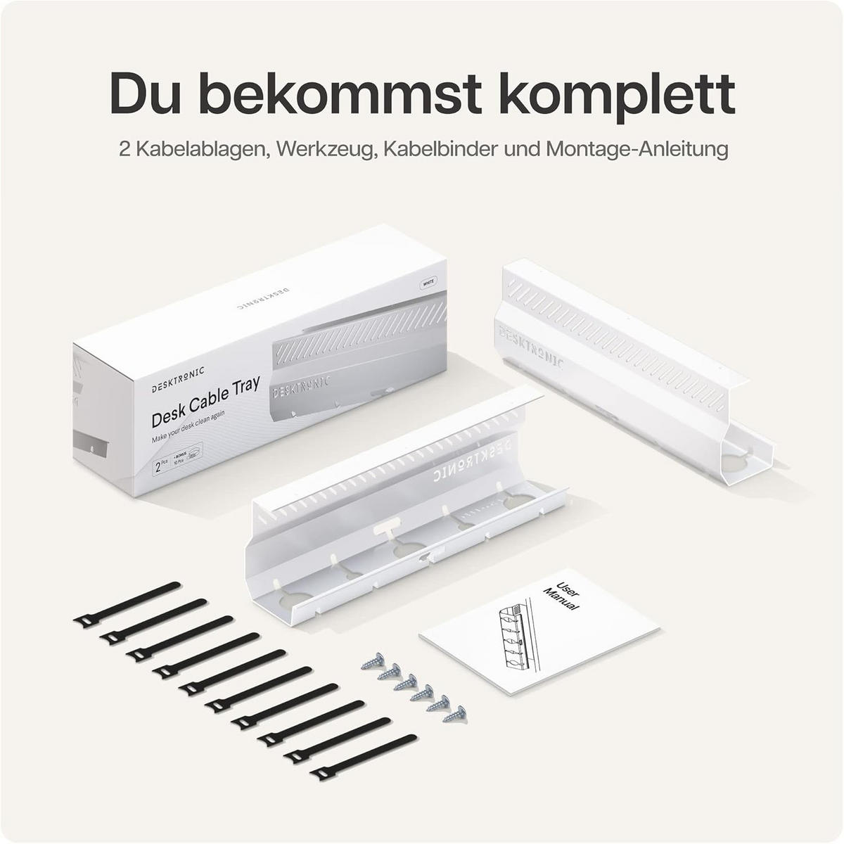 KABELKANAL Schreibtisch Weiß, 2x43cm, Hochwertiger Stahl - Weiß, Metall (43/12/10cm) - Desktronic
