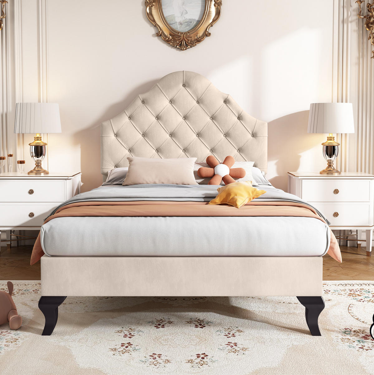 POLSTERBETT 90/200 cm mit Lattenrost und höhenverstellbarem Kopfteil aus Samt, Beige - Beige, Textil (90/200cm) - Redom