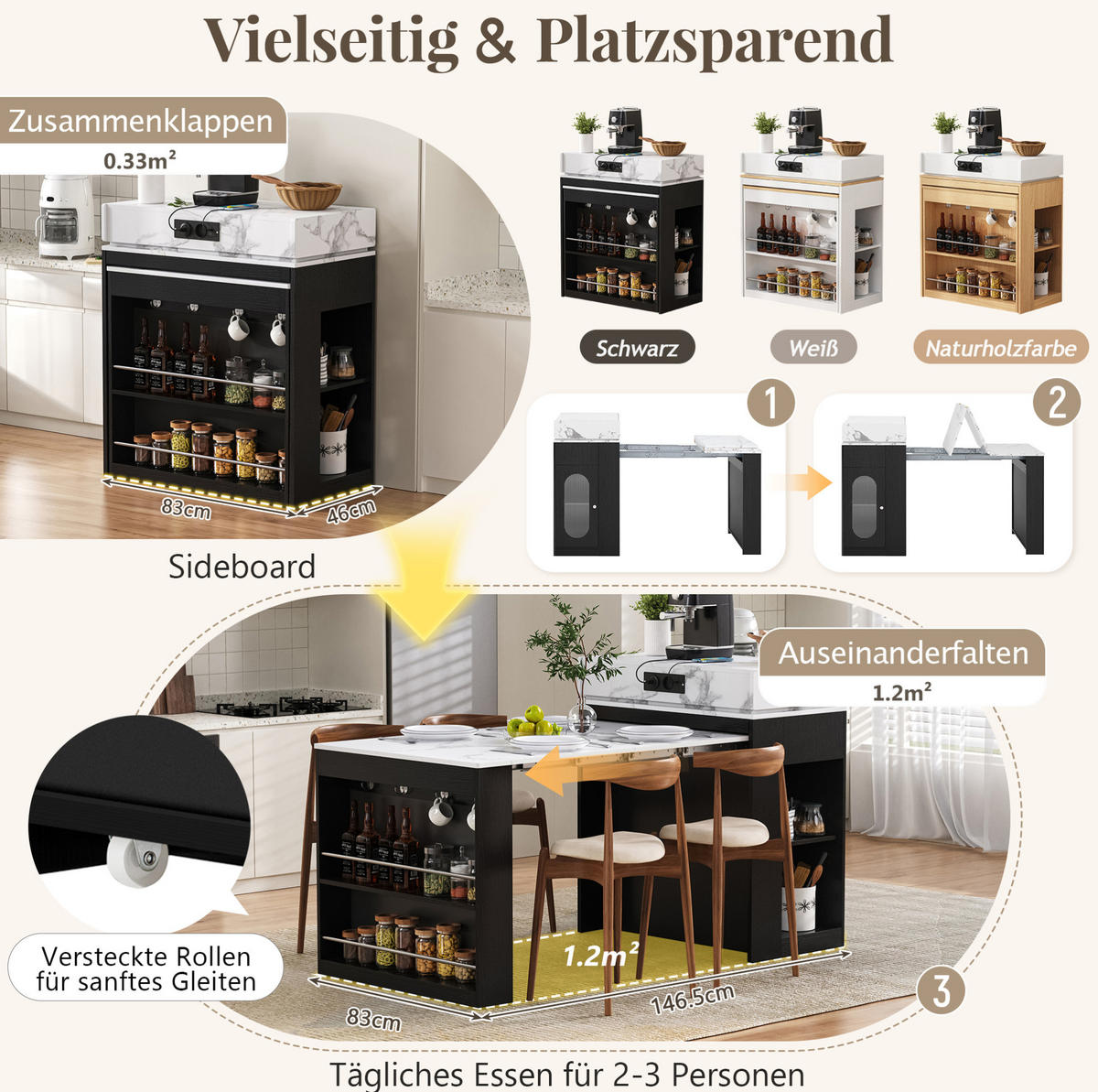 KÜCHENINSEL 83/46-146,5/96 cm schwarz aus MDF mit ausziehbarer Klappplatte - Schwarz, Holzwerkstoff (83/96/46cm) - OKWISH