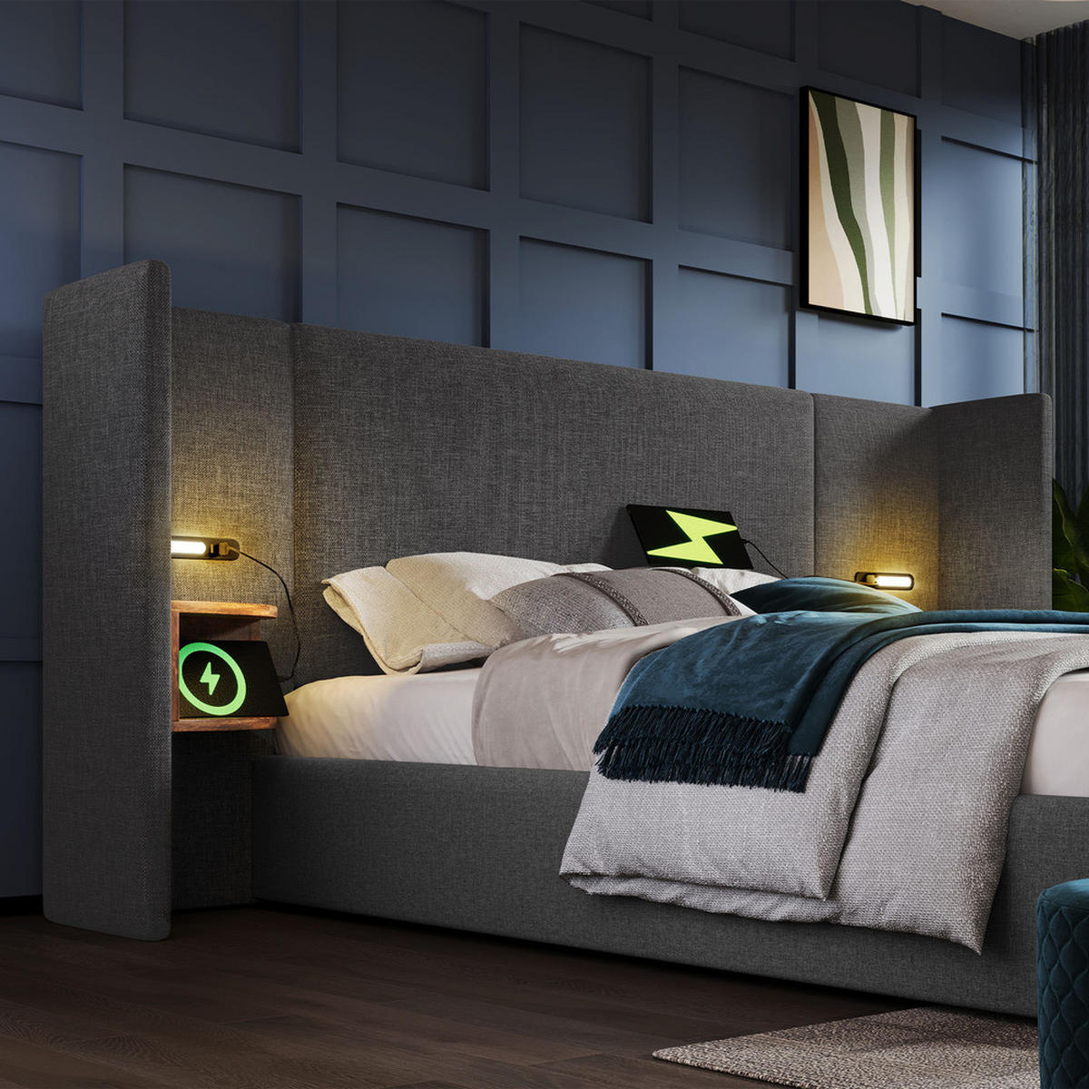 POLSTERBETT 160x200cm Doppelbett mit Nachttisch Leselampe & USB-C Grau - Grau, Holz - FLIEKS