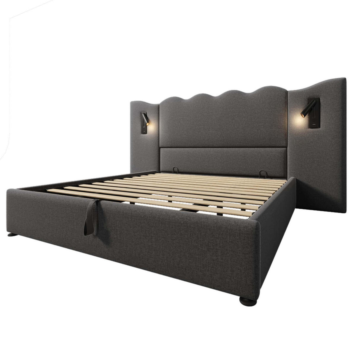 POLSTERBETT aus Leinen 180x200 cm in Grau mit Leselampe & USB-C-Ladefunktion - Grau, Textil (180/200cm) - Modfu