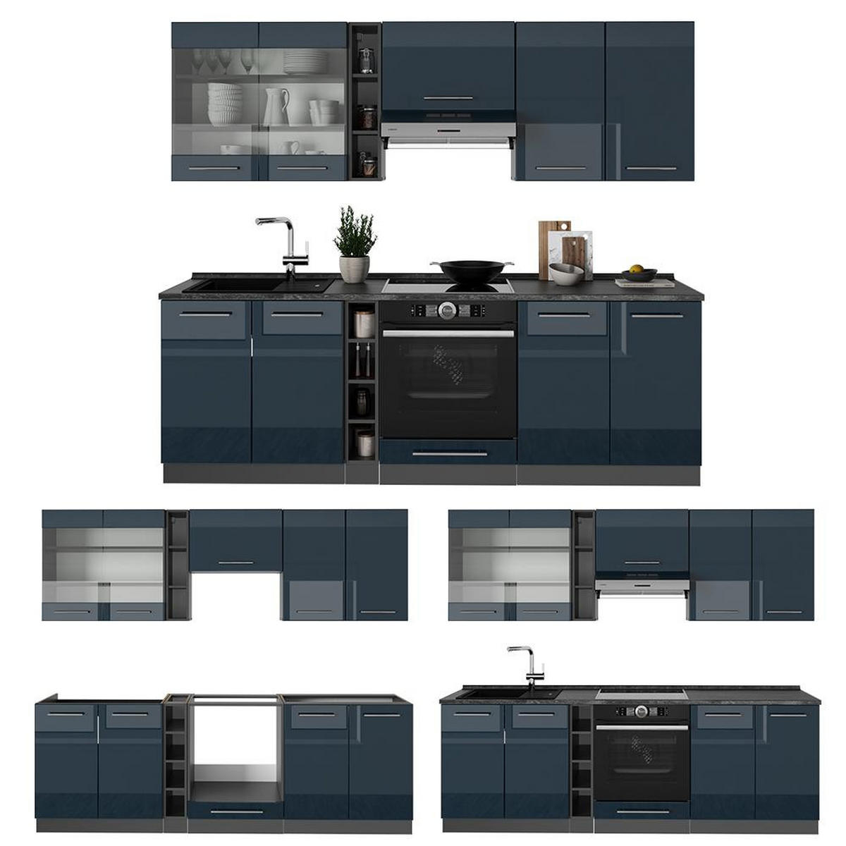 KÜCHENZEILE Fame-Line Dunkelblau Hochglanz/Anthrazit 235 cm , AP Marmor - Anthrazit/Dunkelblau, Holzwerkstoff (235/81.6/60cm) - Vicco