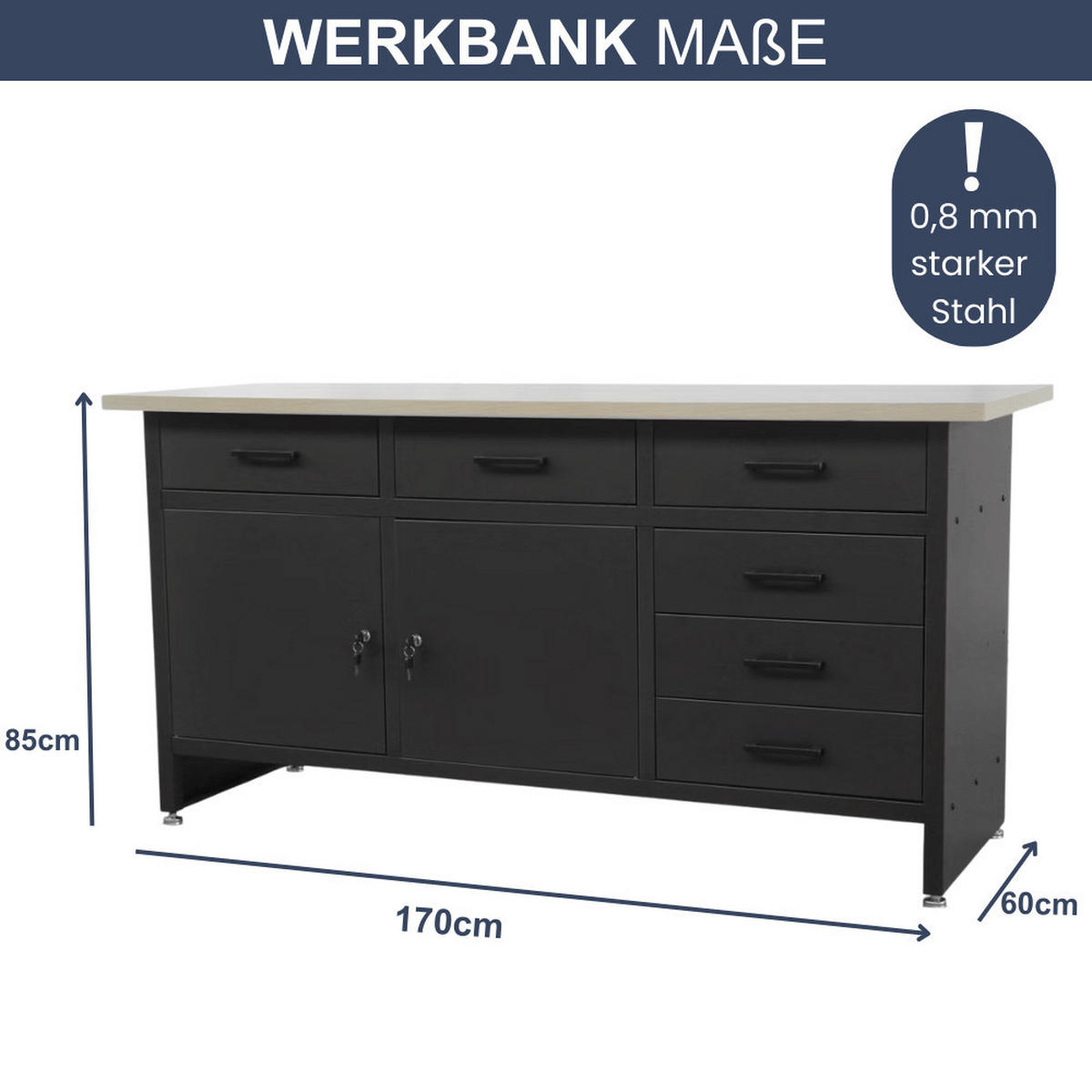 WERKBANK Werkstatt KARL 2x Tür 85x170x60cm Schwarz - Schwarz, Metall (170/85/60cm) - DELUKE