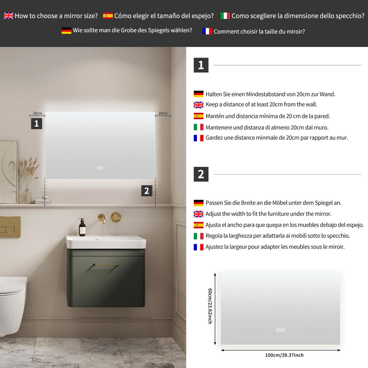BADEZIMMERSPIEGEL mit LED, Rechteck 80 x 140 cm, Anti-Beschlag und 3 Anpassbare Helligkeit - Transparent, Glas (140/4/80cm)