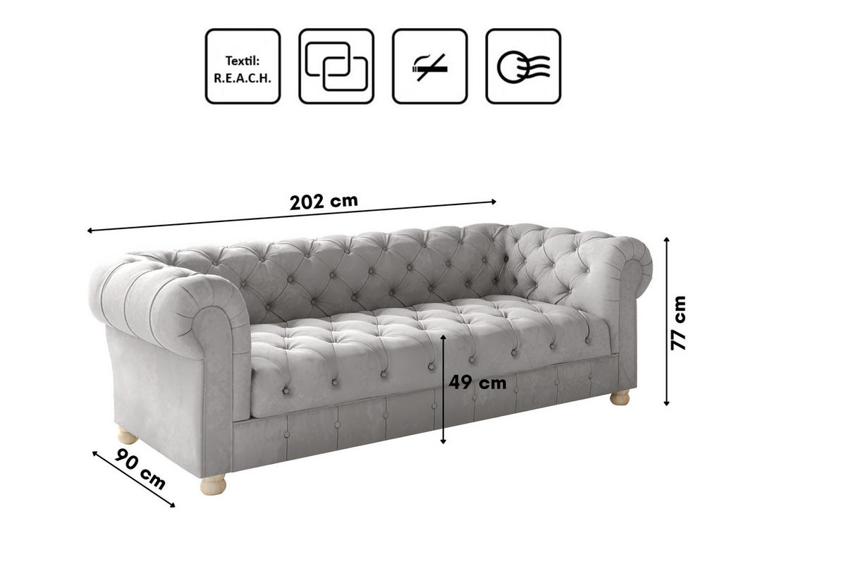 SOFA CHESTERFIELD Elegant Klassisch Schick Stoff Whisper Velours Silber - Silberfarben, Holz/Textil (202/77/90cm) - Kaiser Möbel
