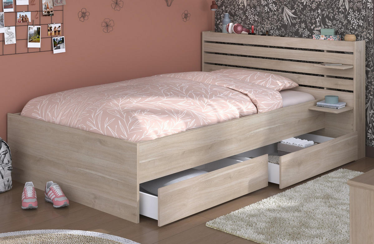 STAURAUMBETT Eiche japanisch, Bett Liegefläche 120 x 200 cm - Eichefarben, Holzwerkstoff/Metall (120/200cm) - Parisot Meuble