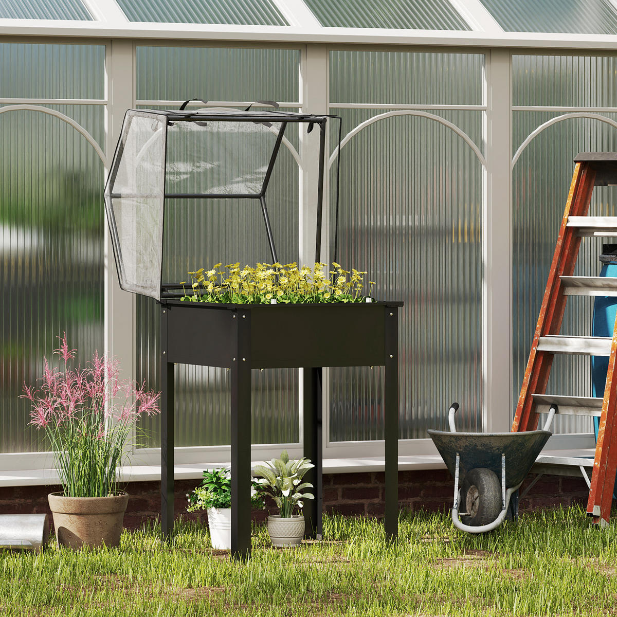 HOCHBEET mit Abdeckung - Schwarz, Metall (60/120/60cm) - Outsunny