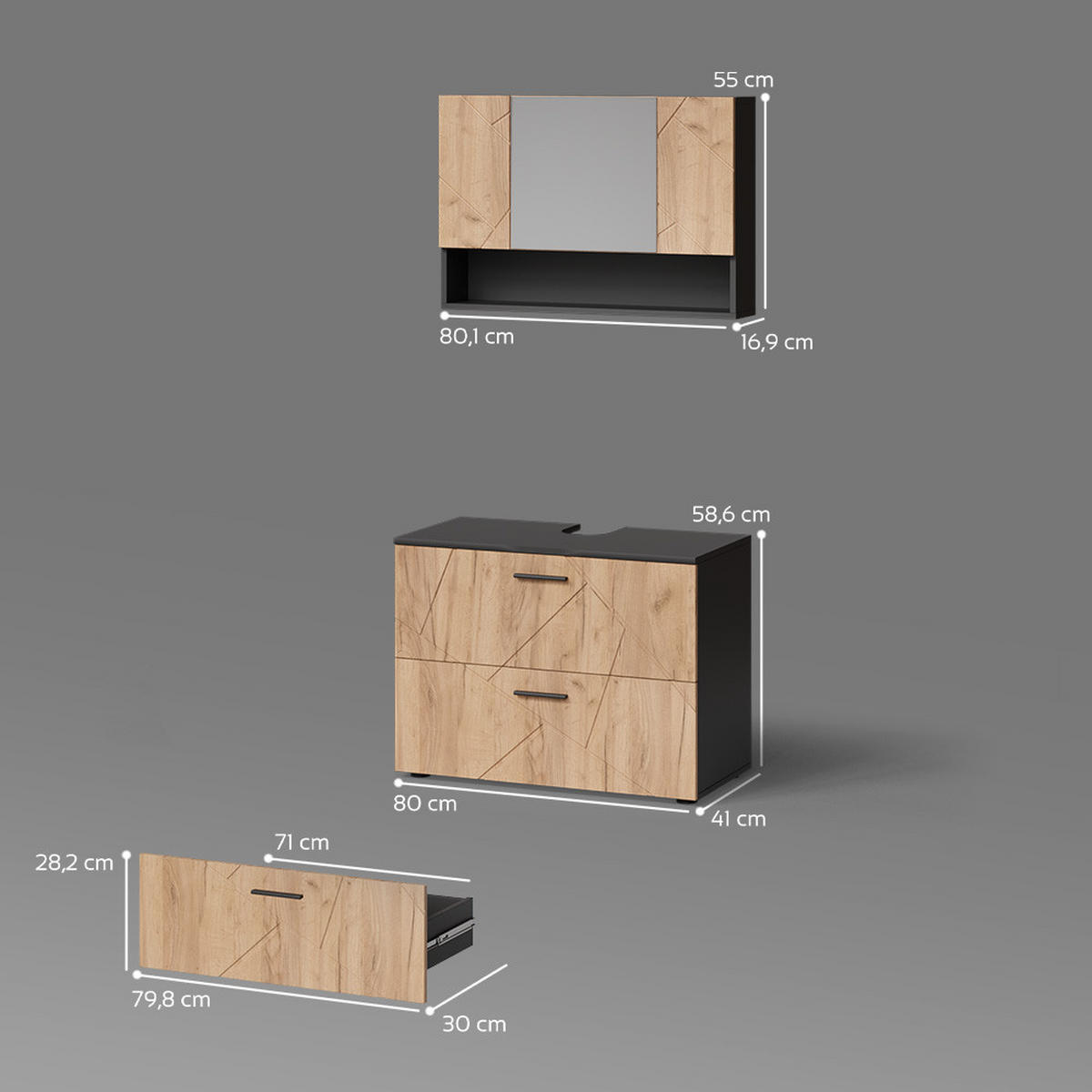 BADMÖBEL-SET Ronco Goldkraft Eiche/Anthrazit 2 Teile, Unterschrank 80 cm - Honigeiche/Anthrazit, Holzwerkstoff (41/80/58cm) - Livinity®