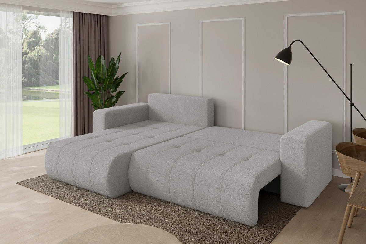ROHOVÁ SEDAČKA s funkcí spaní, otoman vlevo MILA-L 277x194x86 světle šedá bouclé - černá/stříbrná, kompozitní dřevo/textil (277/194cm) - ALTDECOR