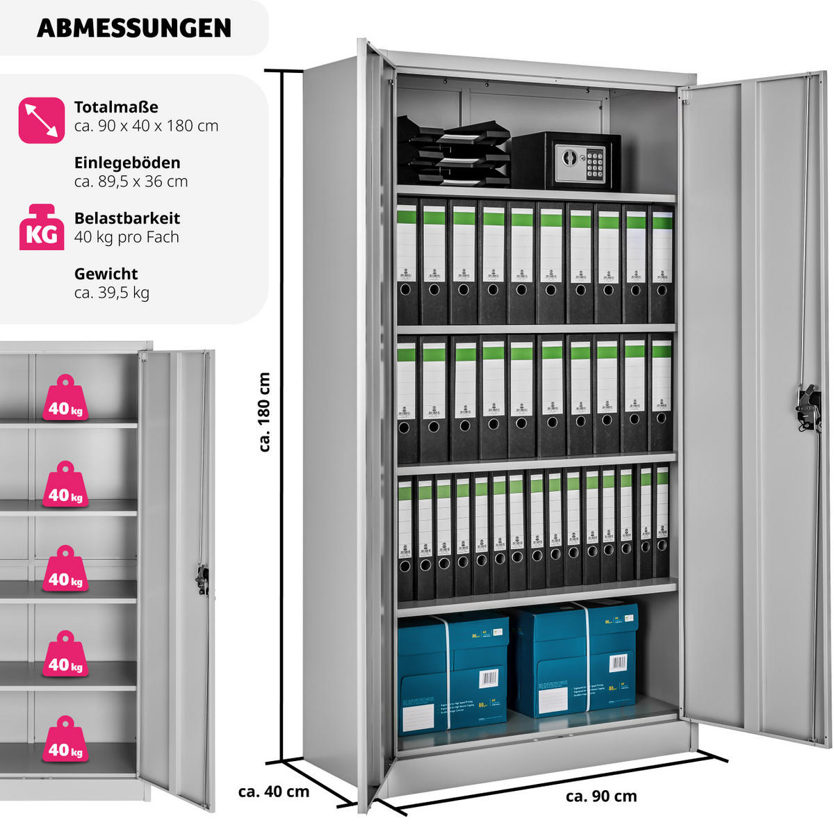 AKTENSCHRANK ,180 x 90 x 40 cm,grau - Grau, Metall (40/180/90cm) - tectake