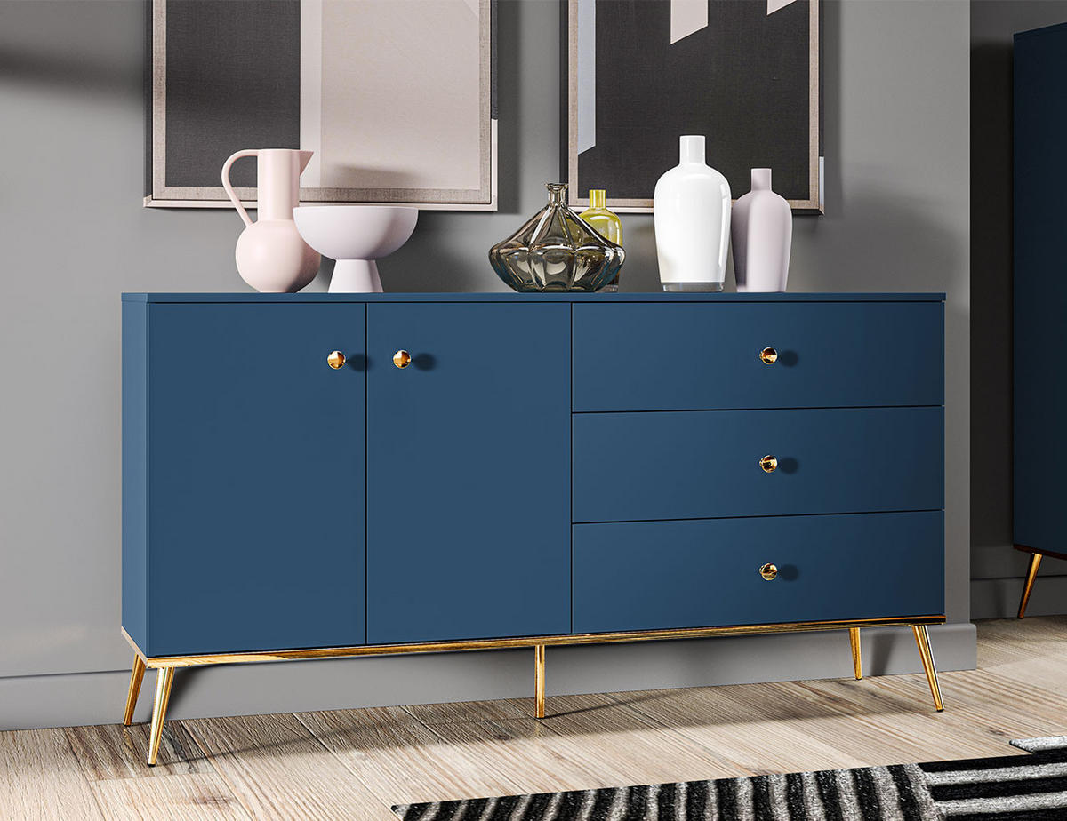 SIDEBOARD Marine dunkelblau / gold 160 / 40 / 85cm - Blau/Dunkelblau, Holz/Holzwerkstoff (160/85/40cm) - Feldmann-Wohnen