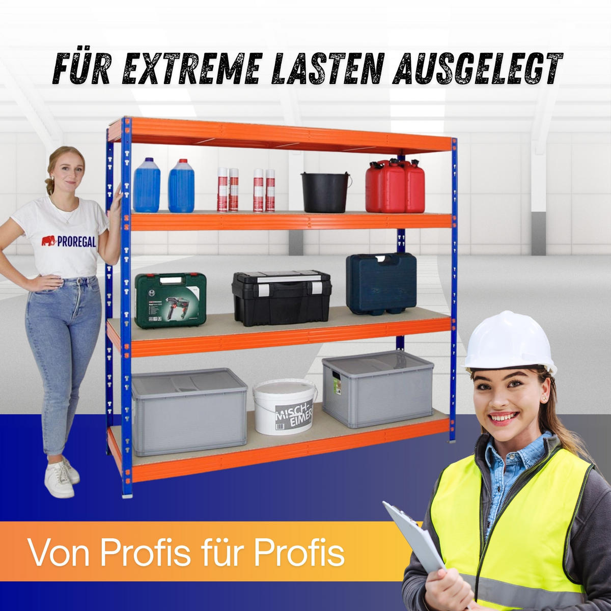 SCHWERLASTREGAL Rhino 180x200x60 cm 4 Spanplatten-Ebenen 8mm Fachlast 500 kg Blau/Orange - Blau/Orange, Metall (200/180/60cm) - PROREGAL