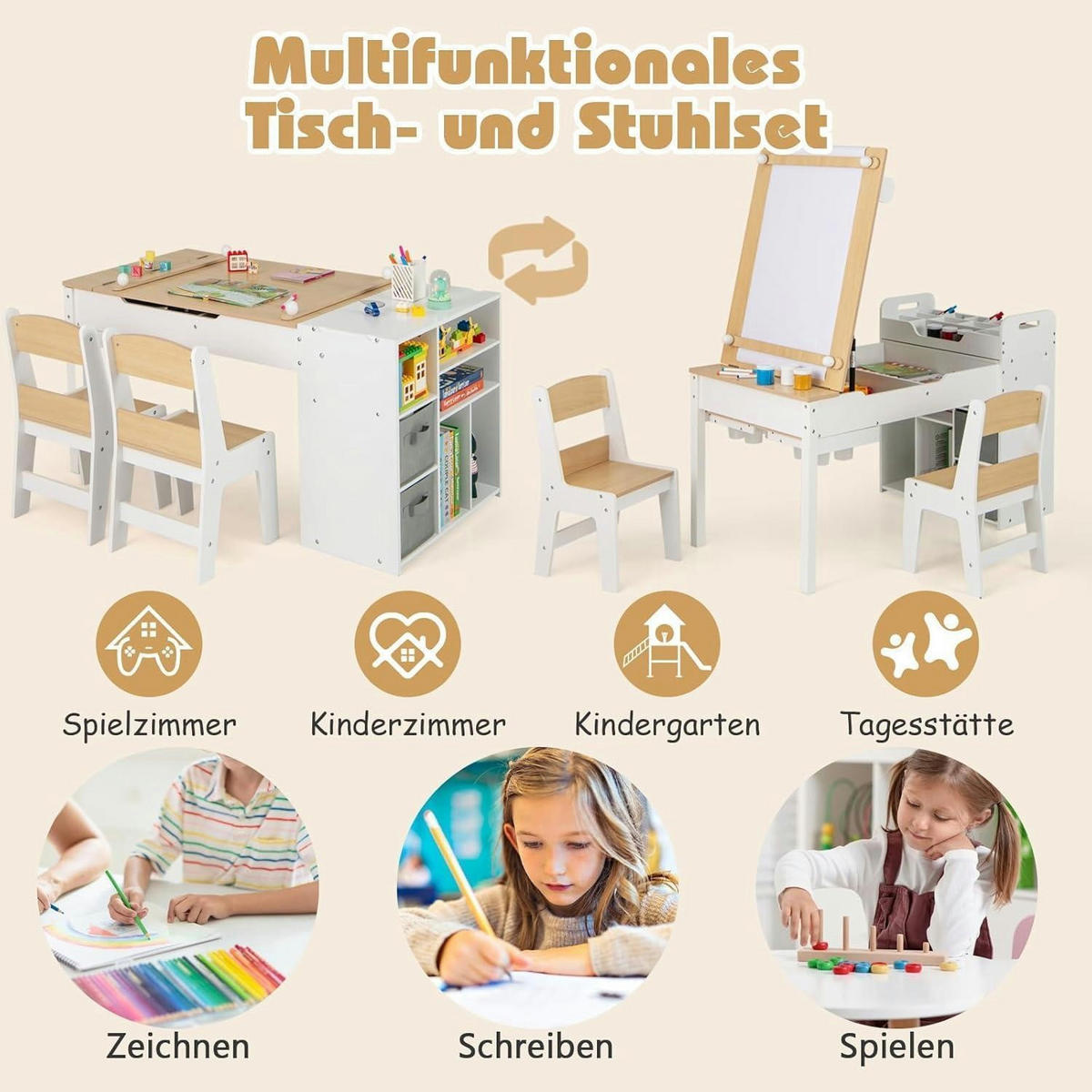 KINDERTISCH mit 2 Stühlen 3-teiliges Set Natur - Weiß, Holz (60/60/120cm)