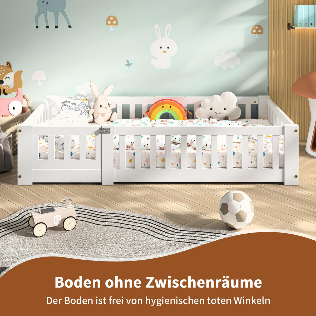 KINDERBETT 90x190 Bodenbett mit Rausfallschutz, Montessori Bett aus Massivholz - Weiß, Holz/Metall (80/160cm) - PARAFTA HOME