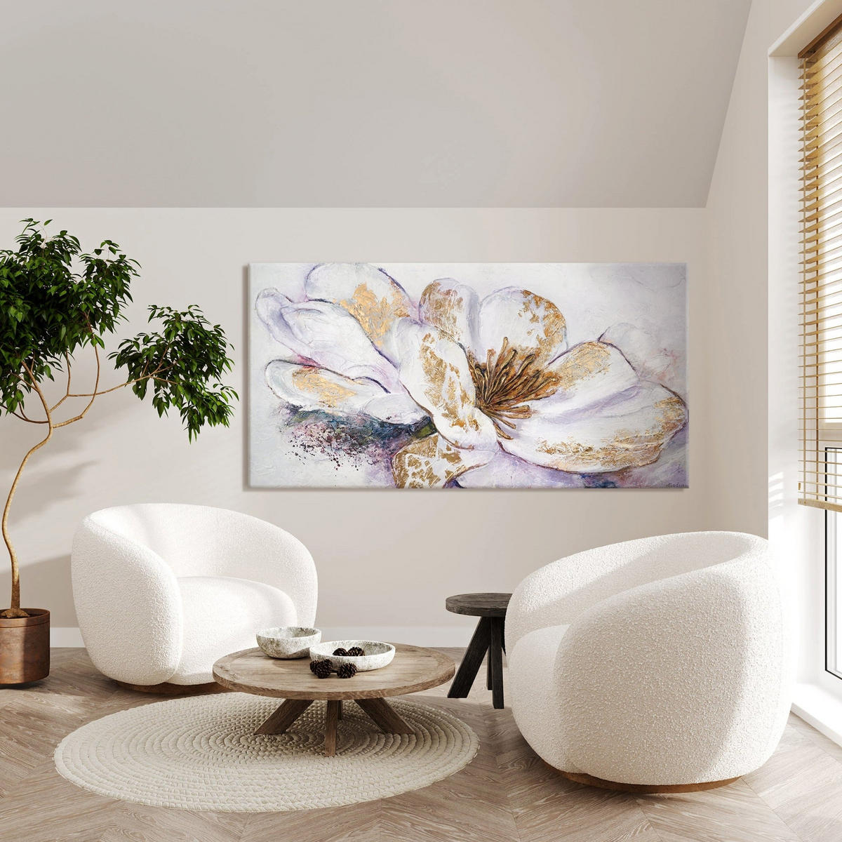 GEMÄLDE Goldene Pfingstrose auf Keilrahmen 120x60 cm - Goldfarben, Holz (120/60cm) - YS-art gallery