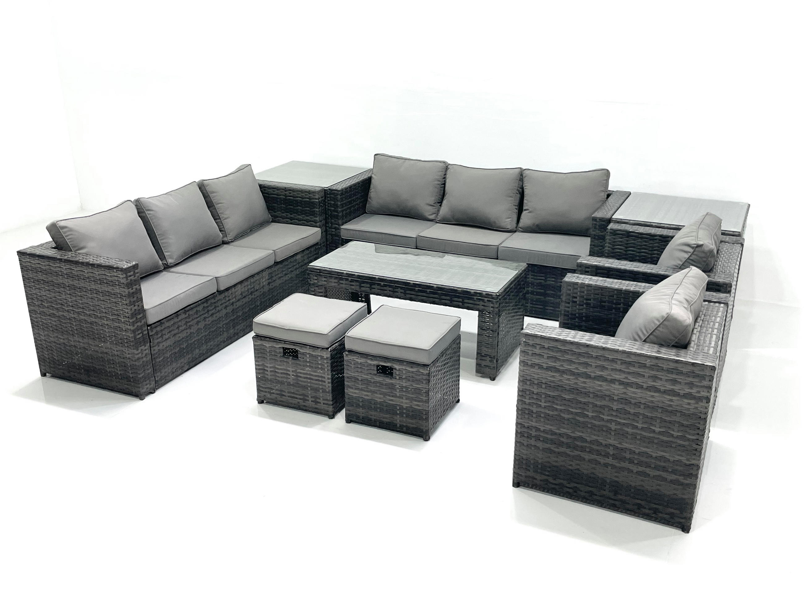 GARTENMÖBEL COUCHTISCH SET mit Sofa Polyrattan Outdoor 10-Sitzer - Dunkelgrau/Grau, Glas/Kunststoff - Fimous