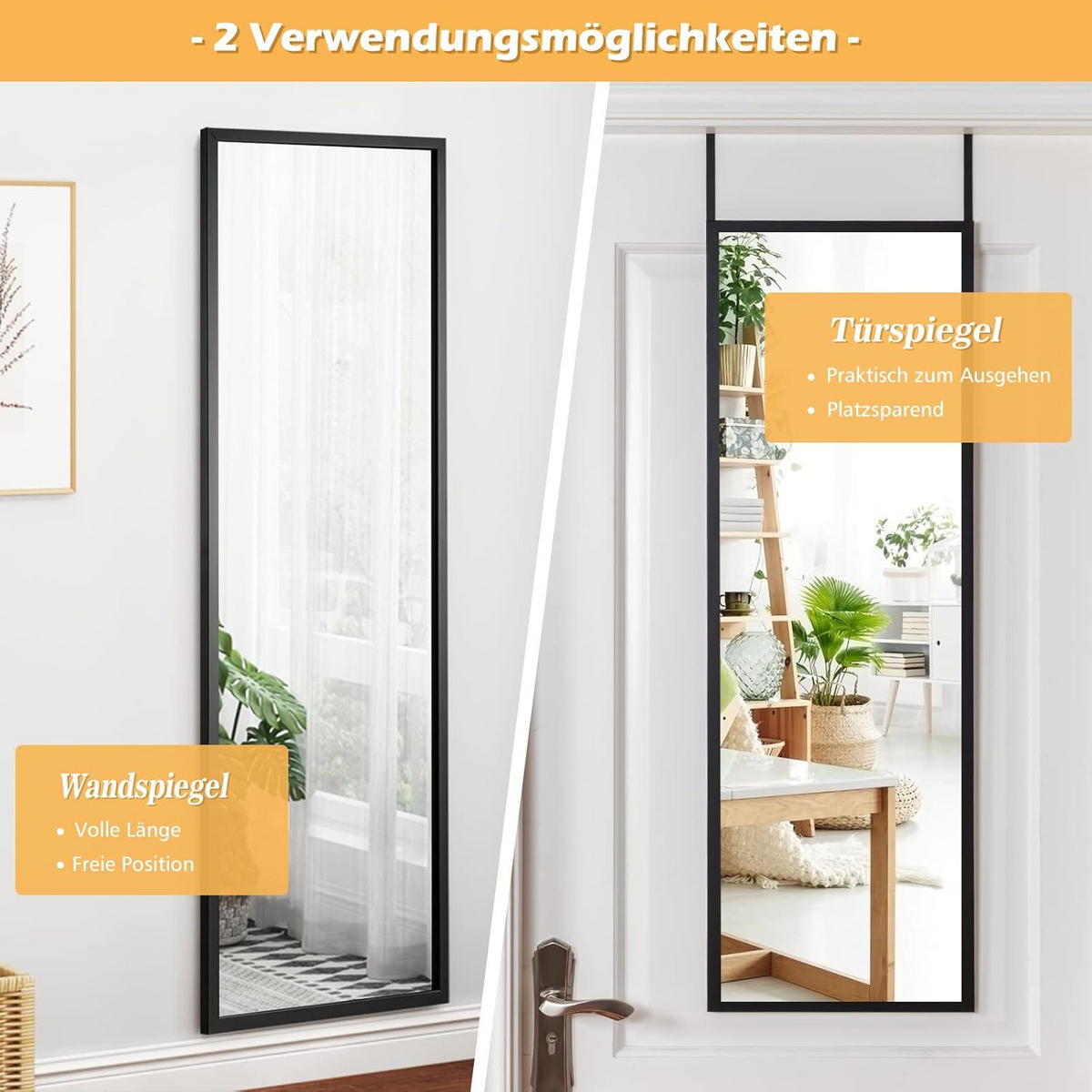 WANDSPIEGEL Türspiegel Schwarz - Schwarz, Glas (2/107/37cm) - COSTWAY