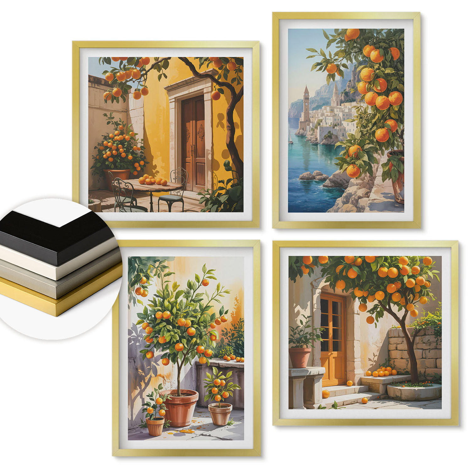 WANDBILDER 4er Set - 50x50 cm & 40x60 cm Goldrahmen - Gemalte Zitruslandschaften - Goldfarben, Kunststoff (50/50cm) - ArtPrintCave