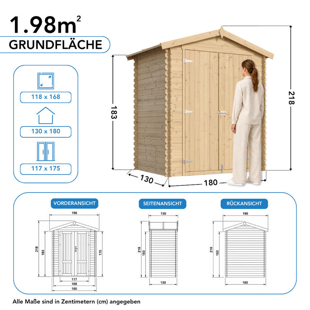 GARTENHAUS HOLZ M367C1 1,98 m² - Naturfarben, Holz (196/218/136cm) - Timbela