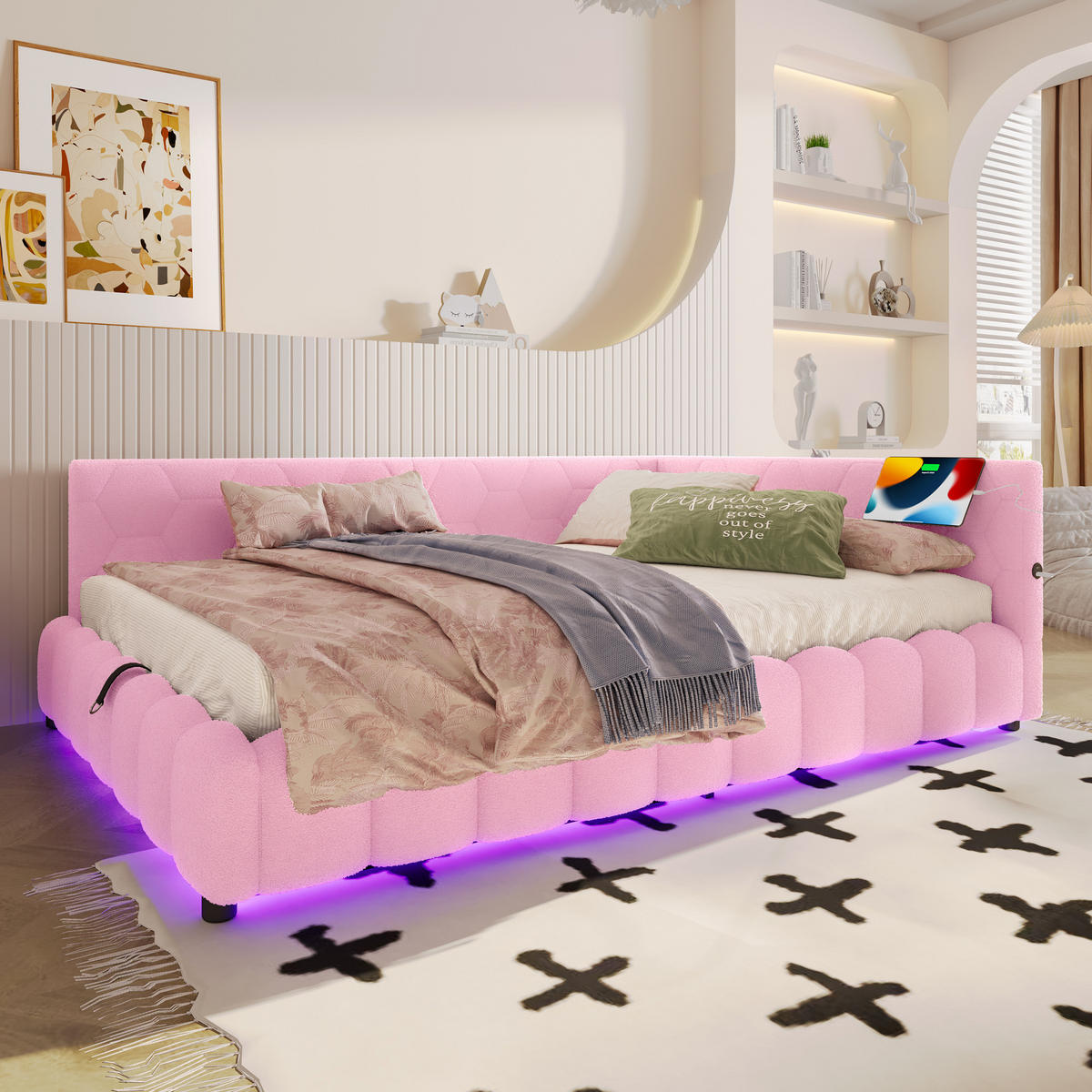 POLSTERBETT 140x200cm mit USB-Anschluss, Typ-C- Rosa - Pink, Holz/Textil (140/200cm) - KOMHTOM