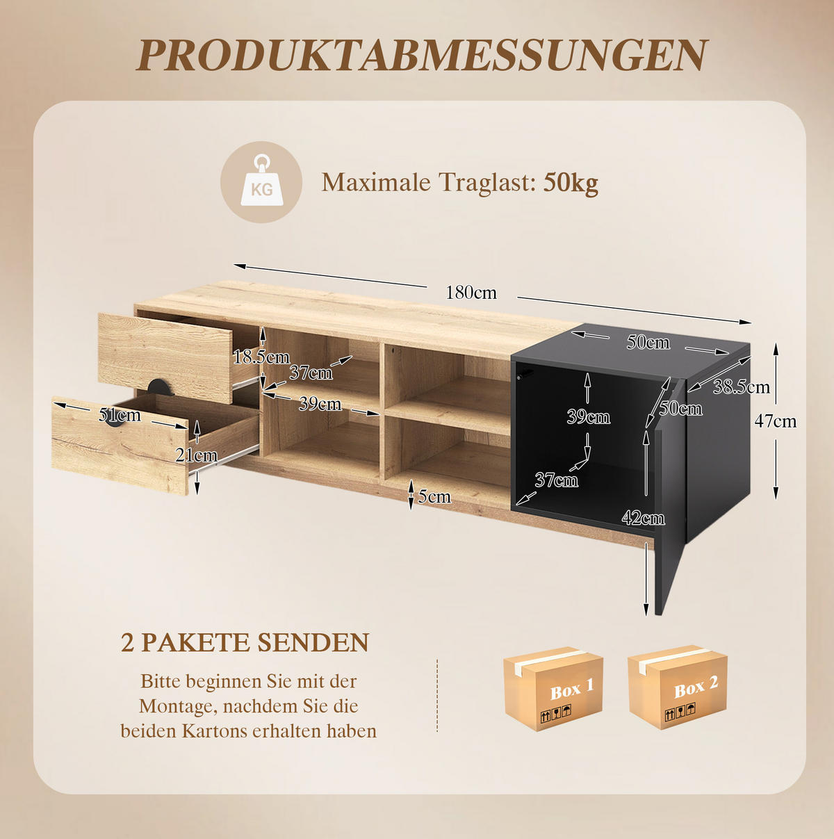 TV-LOWBOARD 180/38,5/47 cm mit Schublade, Schrankfach und LED-Beleuchtung - Schwarz, Holzwerkstoff (180/47/38.5cm) - BEAOK