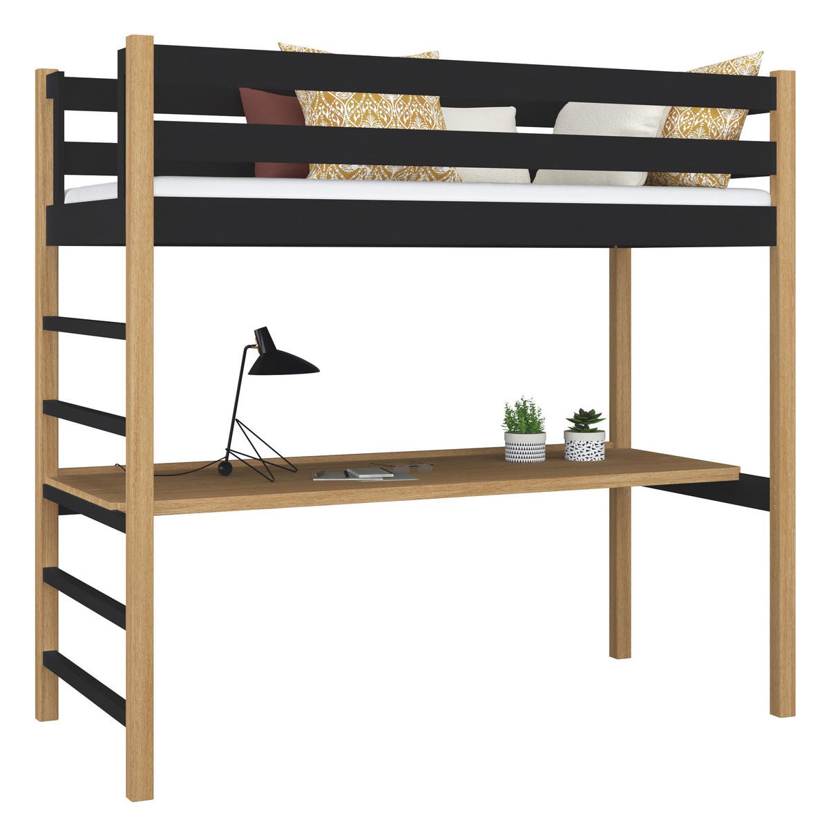 HOCHBETT N01 mit Schreibtisch Schwarz / Eiche Natur 90/200 - Schwarz/Eiche Artisan, Naturmaterialien/Holz (90/200cm) - N-Wood