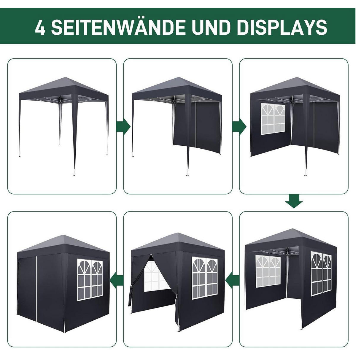 FALTPAVILLON 2 x 2 m Grau mit 4 Seitenteilen - Schwarz, Textil (200/255/200cm)