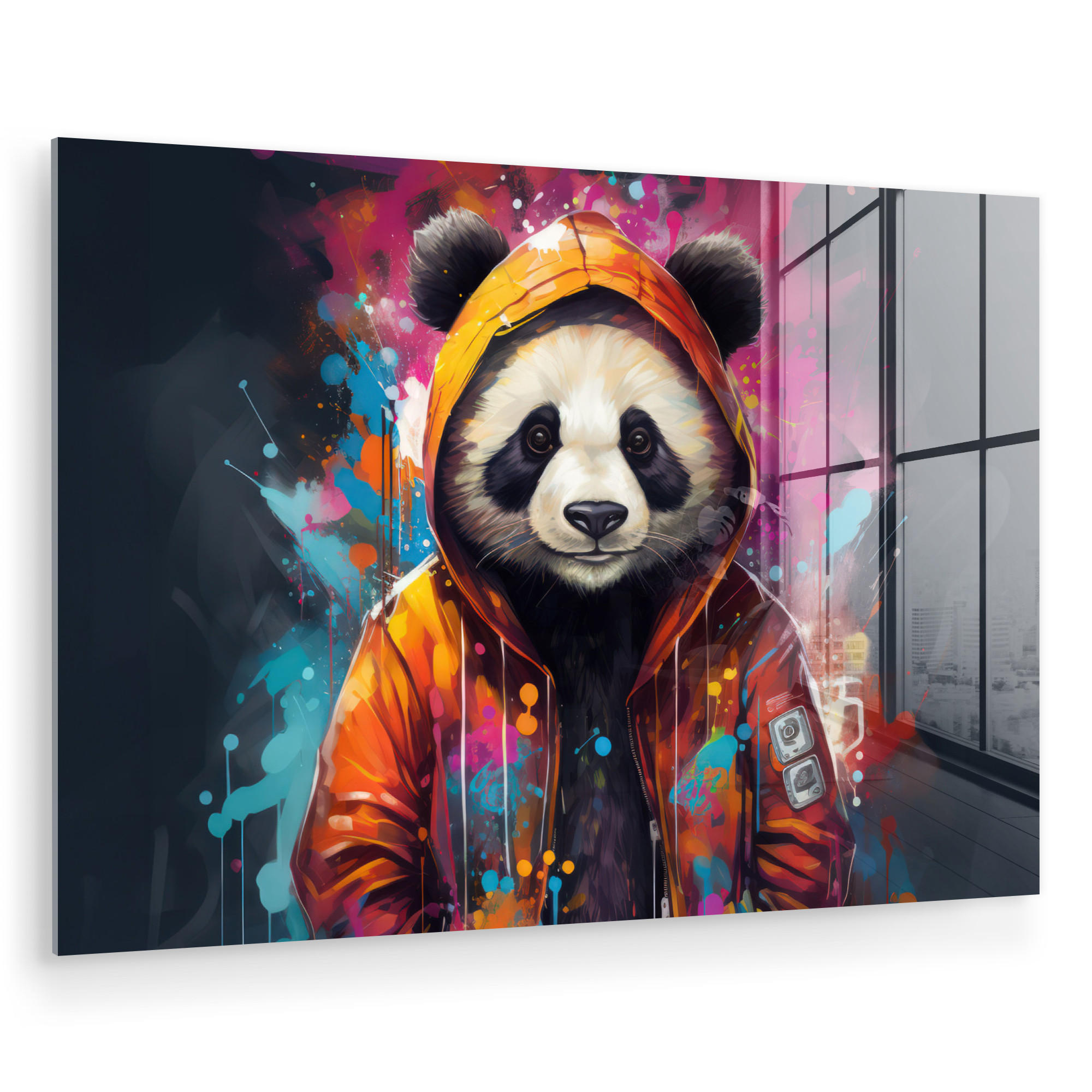 ACRYLGLASBILD Panda - Jacke - Graffiti - Orange 90x60 cm - Orange, Glas (90/60cm) - MuchoWow