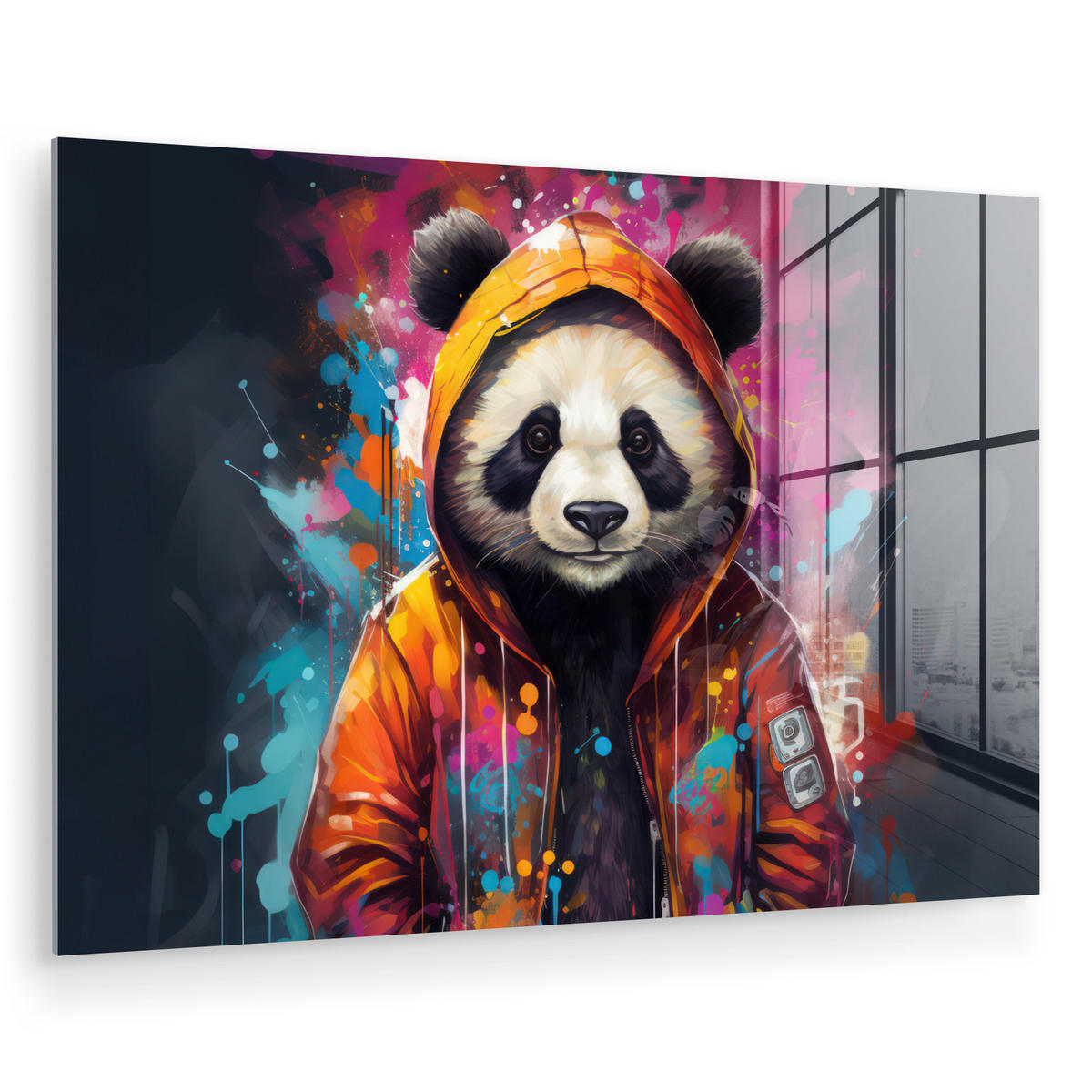ACRYLGLASBILD Panda - Jacke - Graffiti - Orange 90x60 cm - Orange, Glas (90/60cm) - MuchoWow