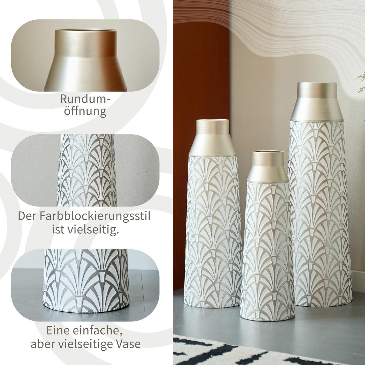 BODENVASE 3-tlg 43,5-61cm Metallbodenvasen Weiß-Silber Fächer-Muster Für Wohnzimmer - Silberfarben, Metall (66.54cm) - Raelunyi
