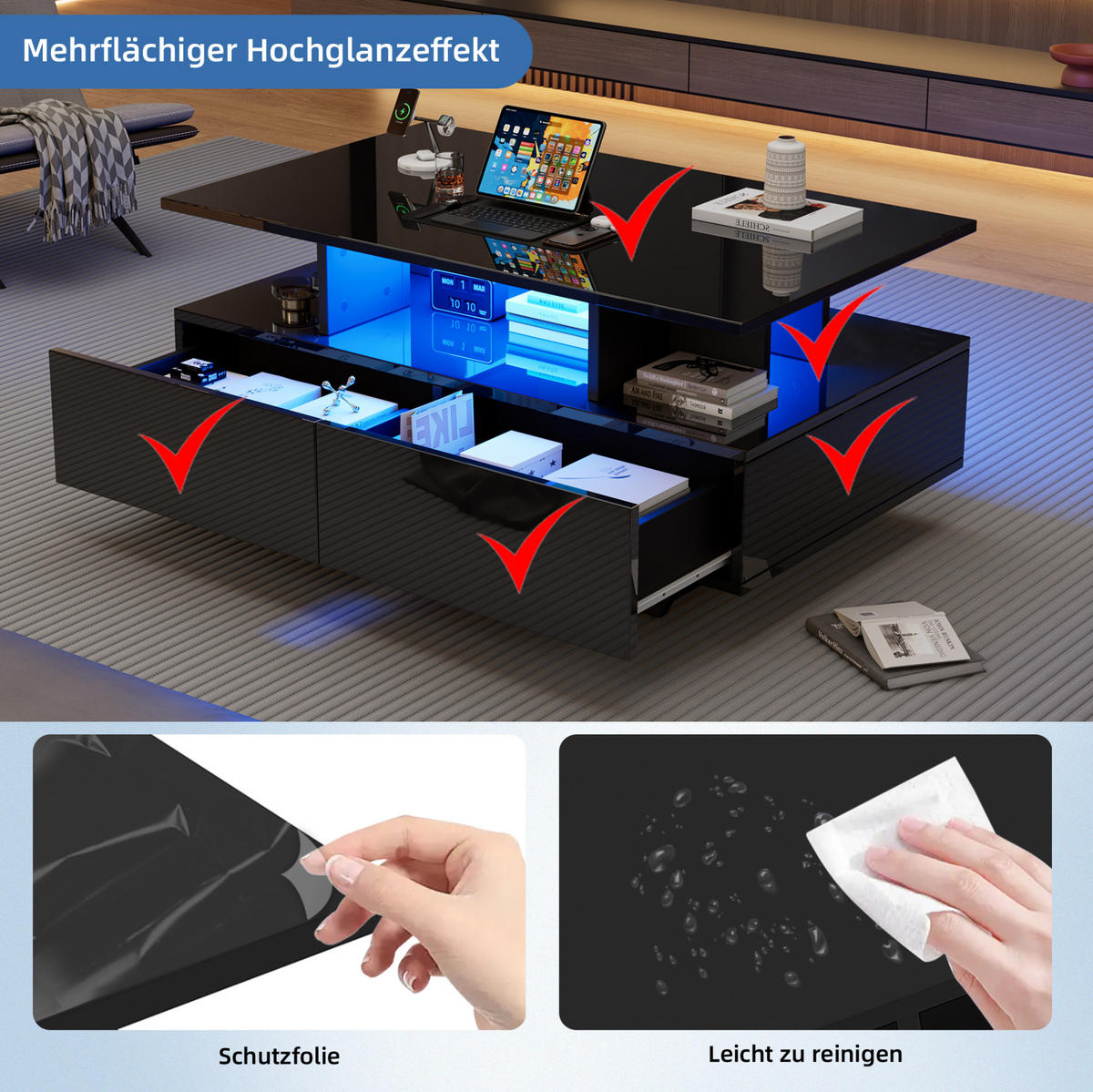 COUCHTISCH 90/55/41 cm schwarz aus Holzwerkstoff mit LED-Beleuchtung und 2 Schubladen - Schwarz, Holzwerkstoff (90/55/41cm) - OKMYHOME