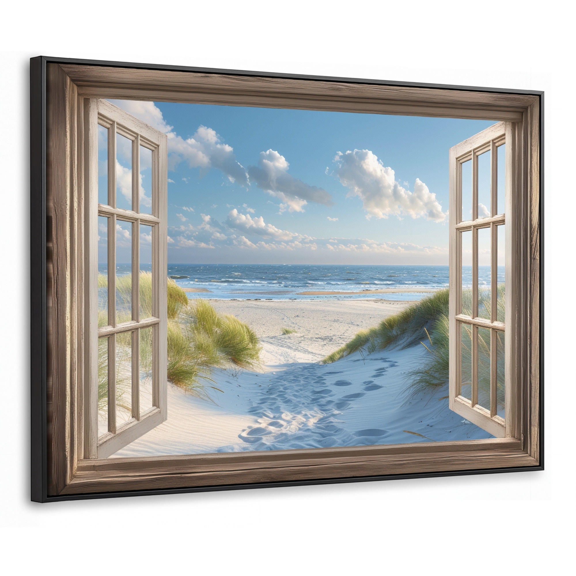 LEINWAND Bilder mit Rahmen - Aussicht - Strand - Fenster - Dünen - Meer - 70x50 - Hellblau, Textil (70/50cm) - MuchoWow