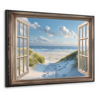 LEINWAND Bilder mit Rahmen - Aussicht - Strand - Fenster - Dünen - Meer - 70x50 - Hellblau, Textil (70/50cm) - MuchoWow