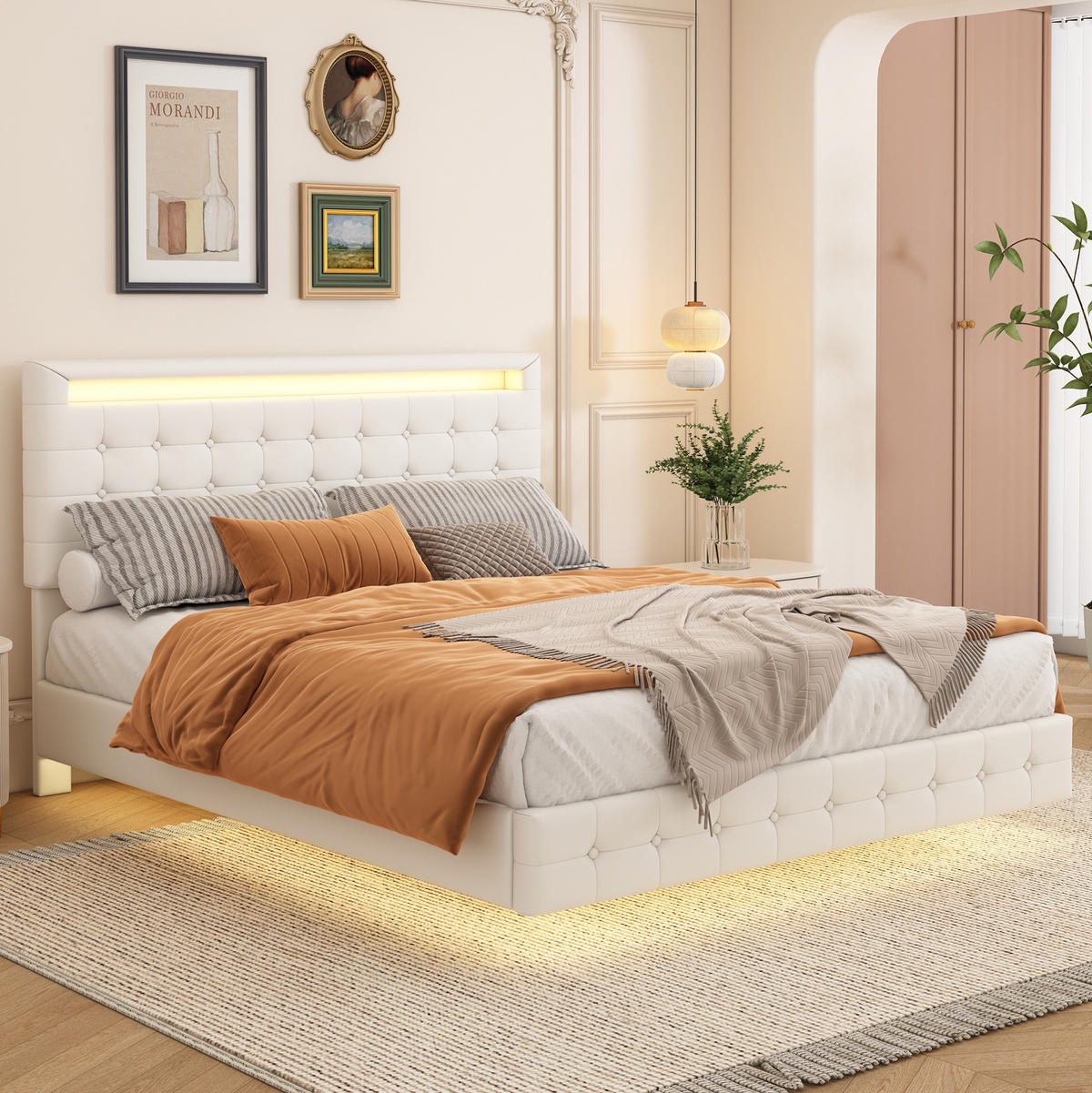 POLSTERBETT aus PU 140/200 cm mit LED-Beleuchtung, schwebender Optik und 3-fach verstellbarem Kopfteil, Weiß - Weiß, Leder (140/200cm) - Redom