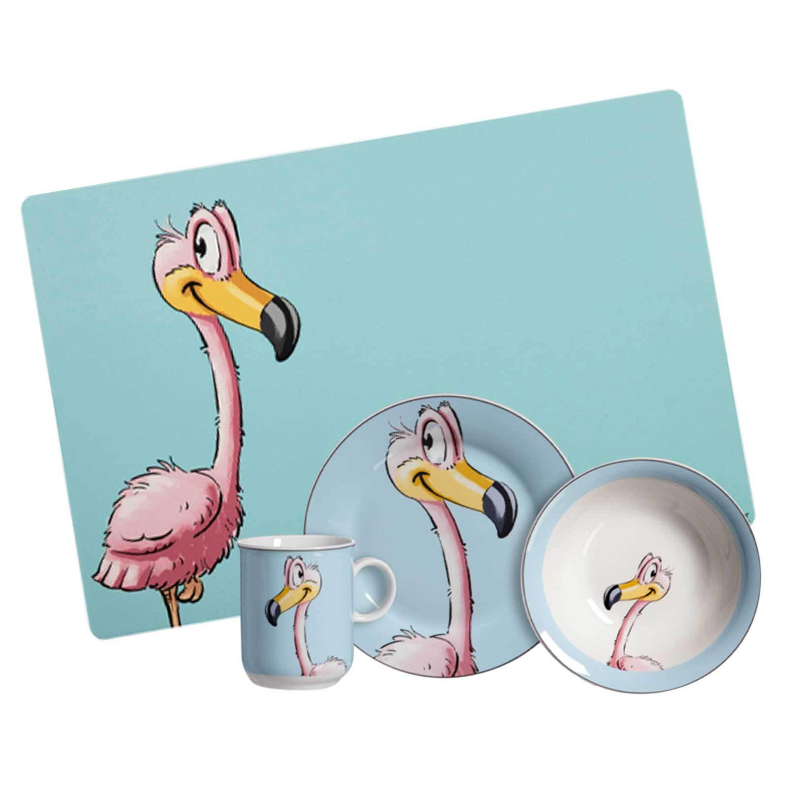 KINDERGESCHIRR + TISCHMATTE Happy Zoo Flamingo 4er Set - Türkis, Keramik (1/1/1cm) - Ritzenhoff Breker