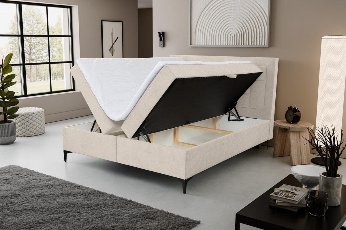 BOXBETT VENEZIA mit 2 Bettkästen, Maße: 140x200 cm, Farbe: Beige , Velourstoff, mit Bonell-Matratze inkl. Topper - Beige, Holz/Kunststoff (140/200cm) - VENASI MÖBEL