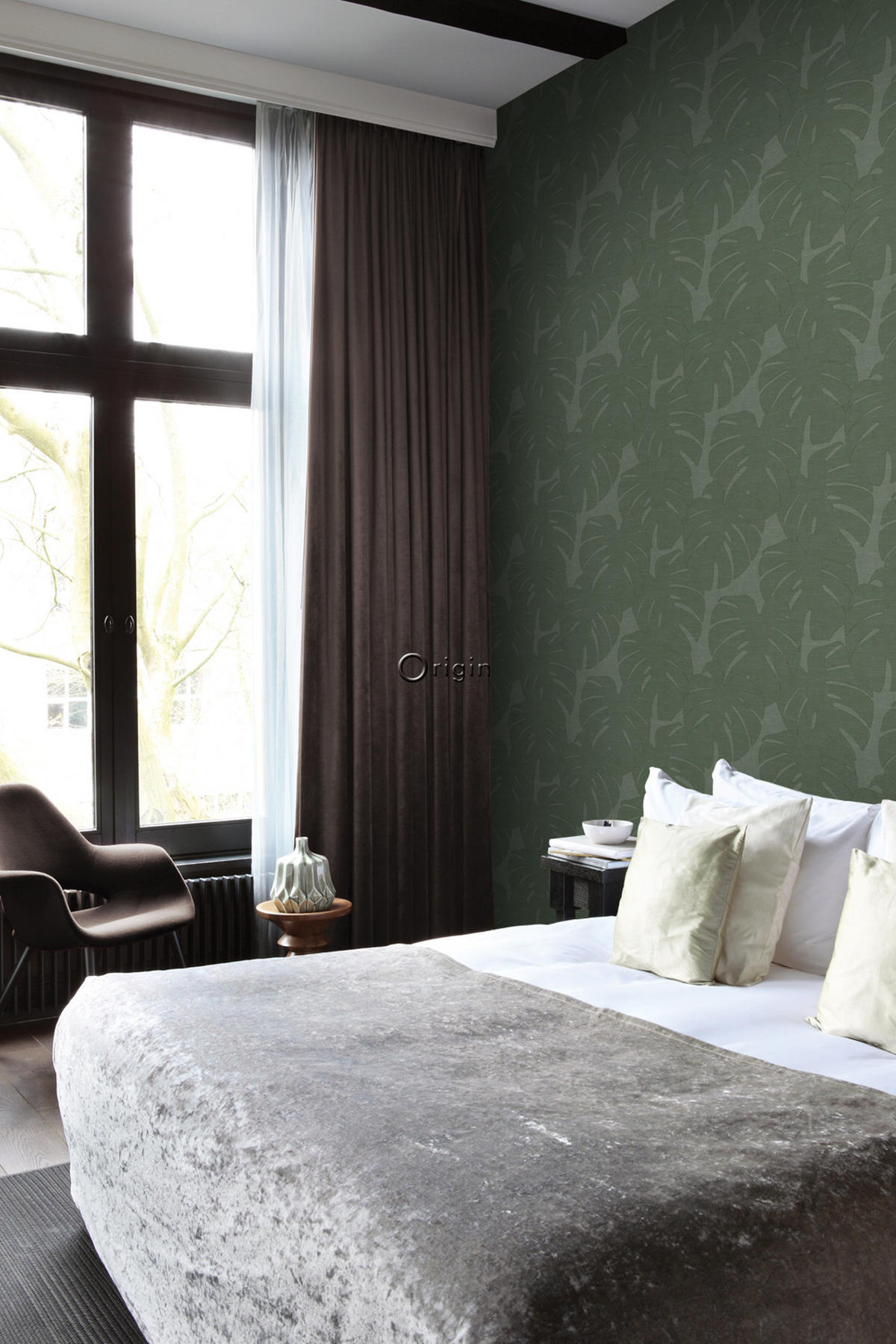 TAPETE Blätter in Leinen-Optik 53 cm x 10.05 m - Grün, Papier (53/1000cm) - Origin Wallcoverings