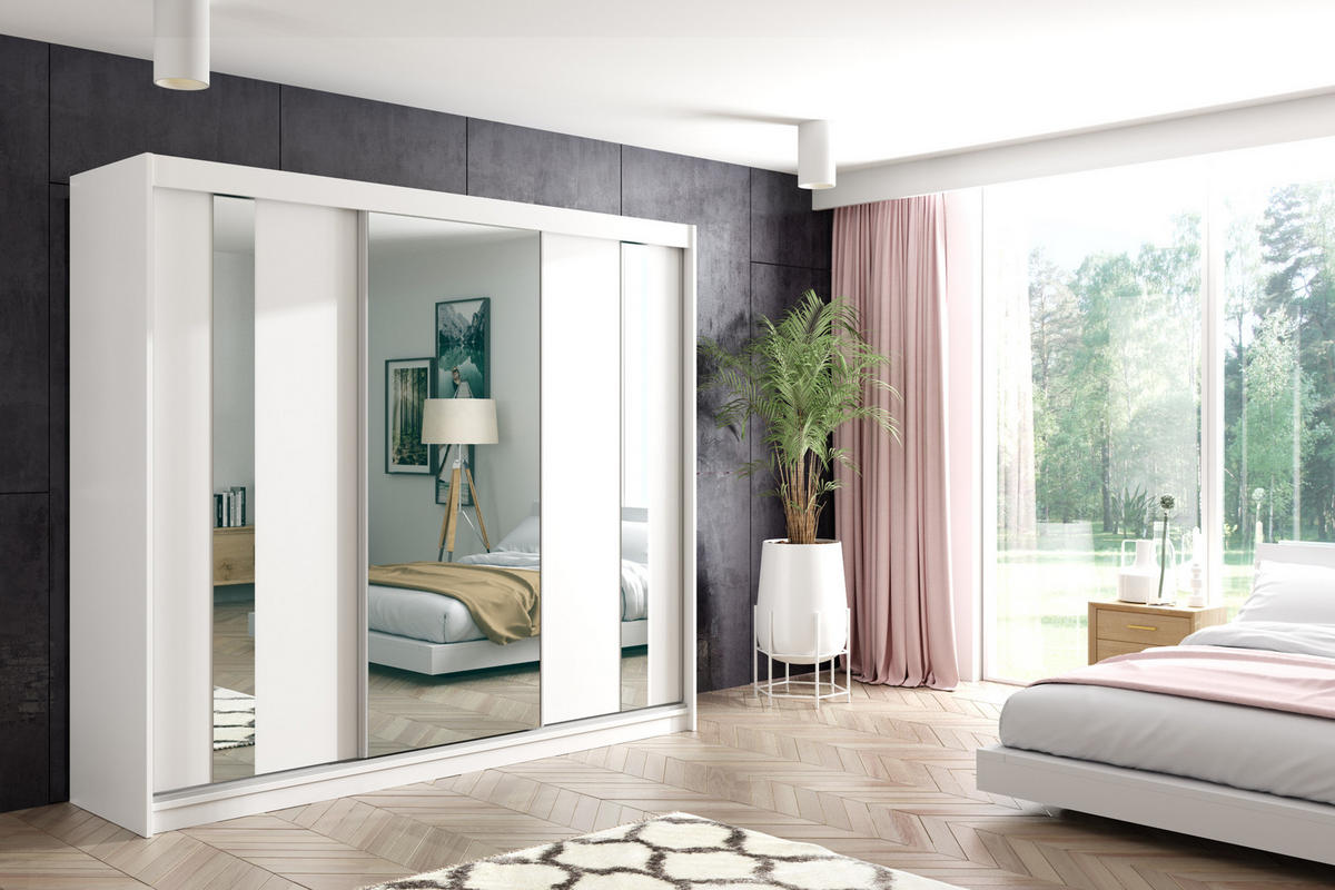 KLEIDERSCHRANK mit Spiegel-Schiebetüren und Aluminium-Leisten - GRACE - 240 cm Weiß - Weiß, Holzwerkstoff (240/216/61cm) - ALTDECOR