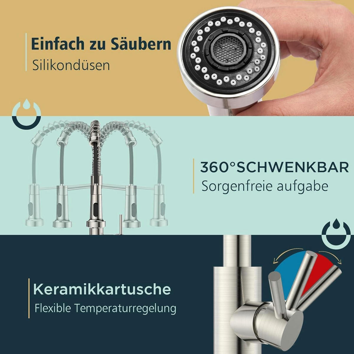 KÜCHENARMATUR mit ausziehbarer Brause Edelstahl 360° drehbar - Silberfarben, Metall (12/20/43cm)