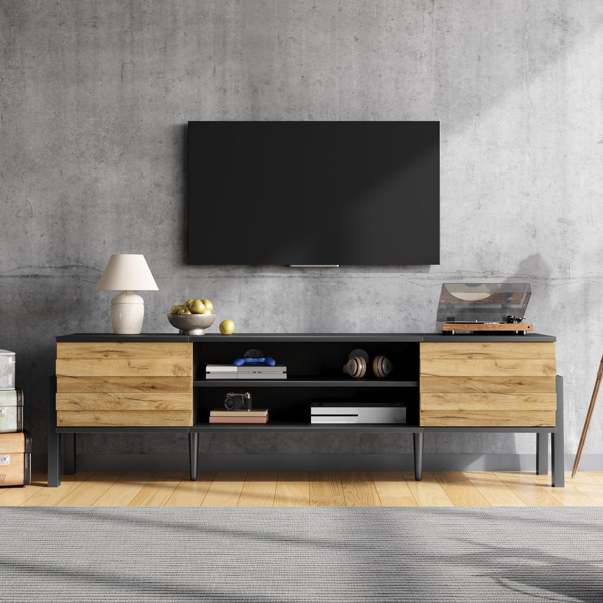 TV-LOWBOARD 175x39.5x53 cm 2 Schränke Offene Lagerflächen - Schwarz, Holzwerkstoff (39.5/53/175cm) - FLIEKS