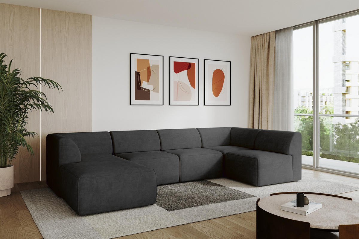WOHNLANDSCHAFT Ottomane Links MOVA 345x180x78 Schwarz Samt - Schwarz, Holzwerkstoff/Kunststoff (180/78/345cm) - ALTDECOR