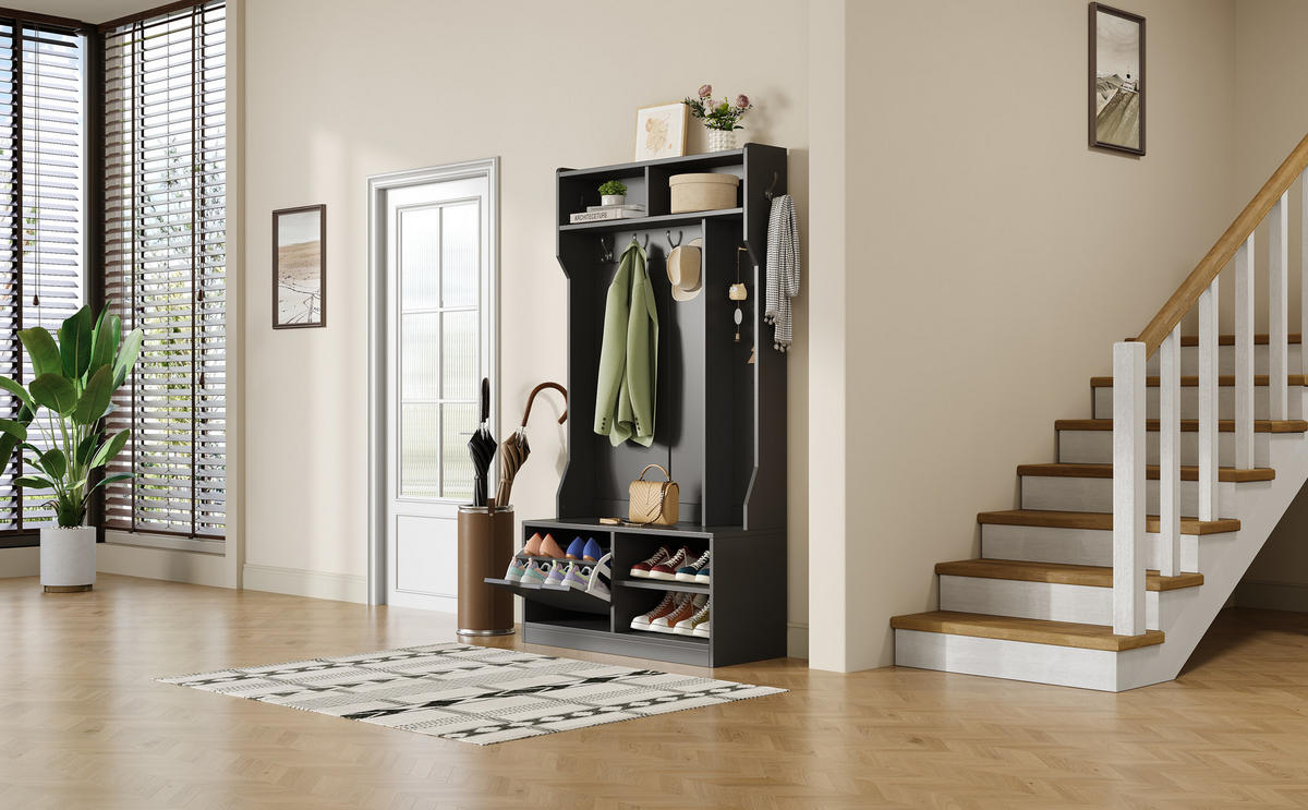 GARDEROBENSET Flurgarderobe mit Sitzbank 6 Haken Schwarz 100x40x185.5cm - Schwarz, Holzwerkstoff (185.4/40/100cm) - FLIEKS