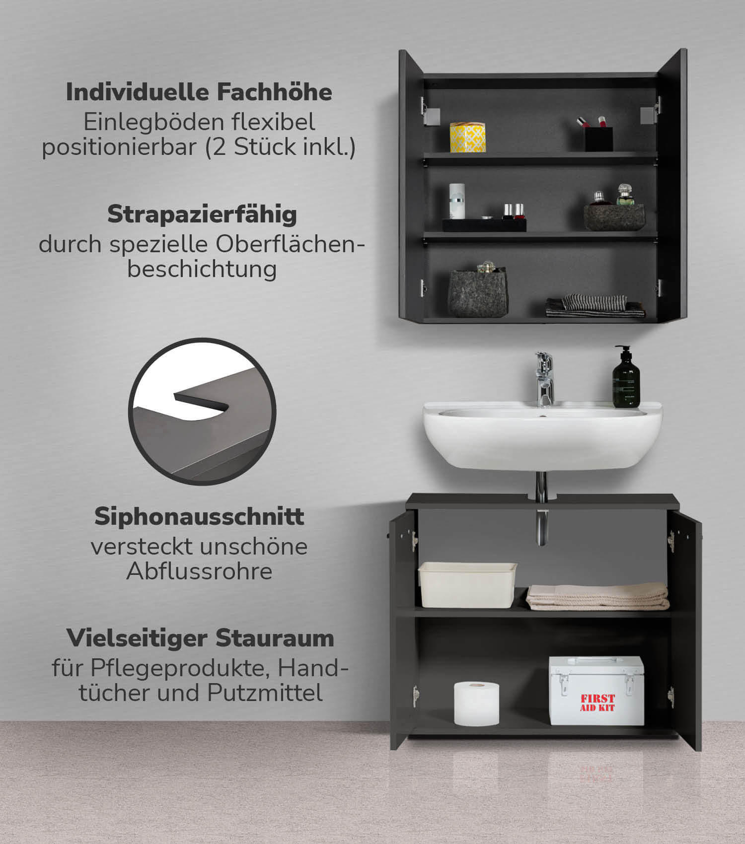 BADMÖBEL-SET 2-teilig Der Steuermann - Schwarz, Holzwerkstoff (70/131/34cm) - Mokebo