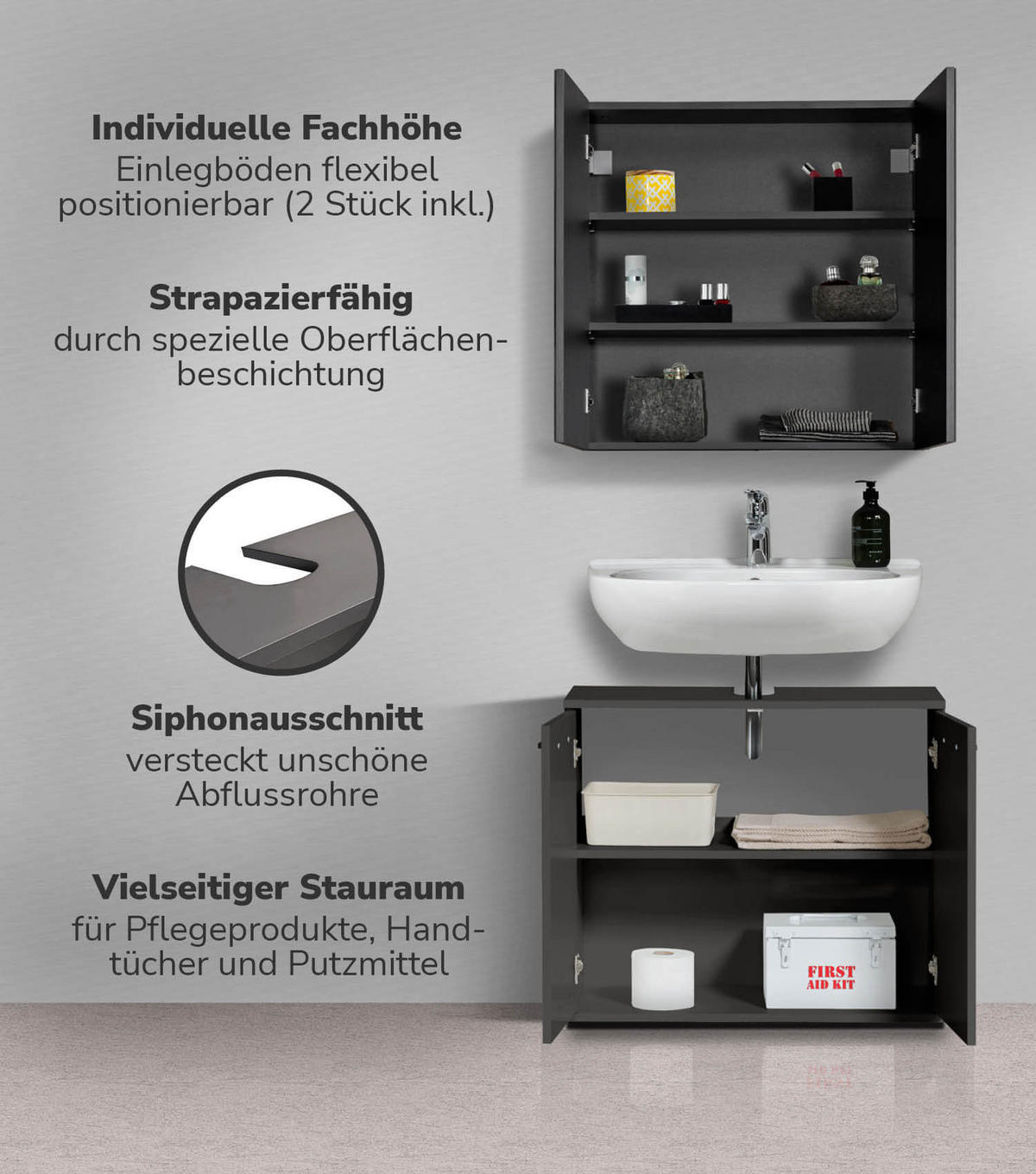 BADMÖBEL-SET 2-teilig Der Steuermann - Schwarz, Holzwerkstoff (70/131/34cm) - Mokebo
