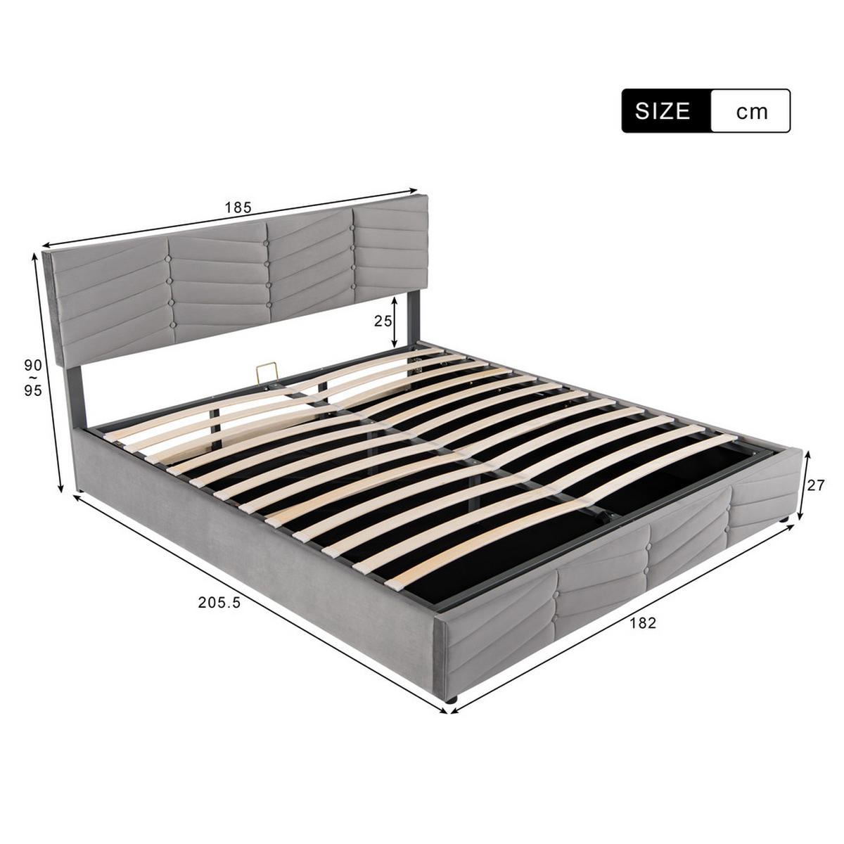 BETT Streifen-Stil Samt 180x200 Hydraulischer Bettkasten Stauraum - Grau, Textil - Raelunyi