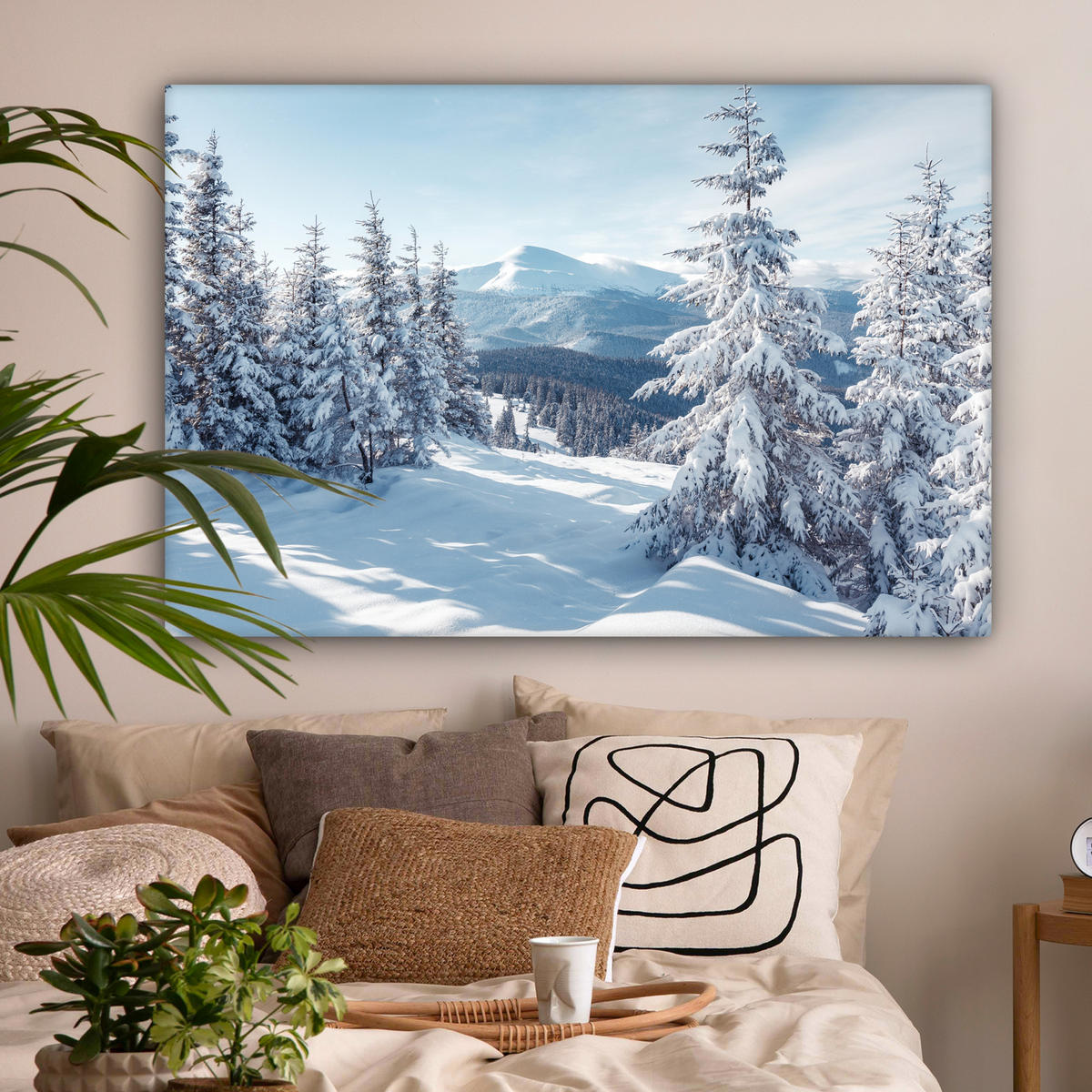 LEINWANDBILD Winterlandschaft - Natur - Berge - Bäume - Schnee Groß 140x90 cm - Hellblau, Textil (140/90cm) - MuchoWow