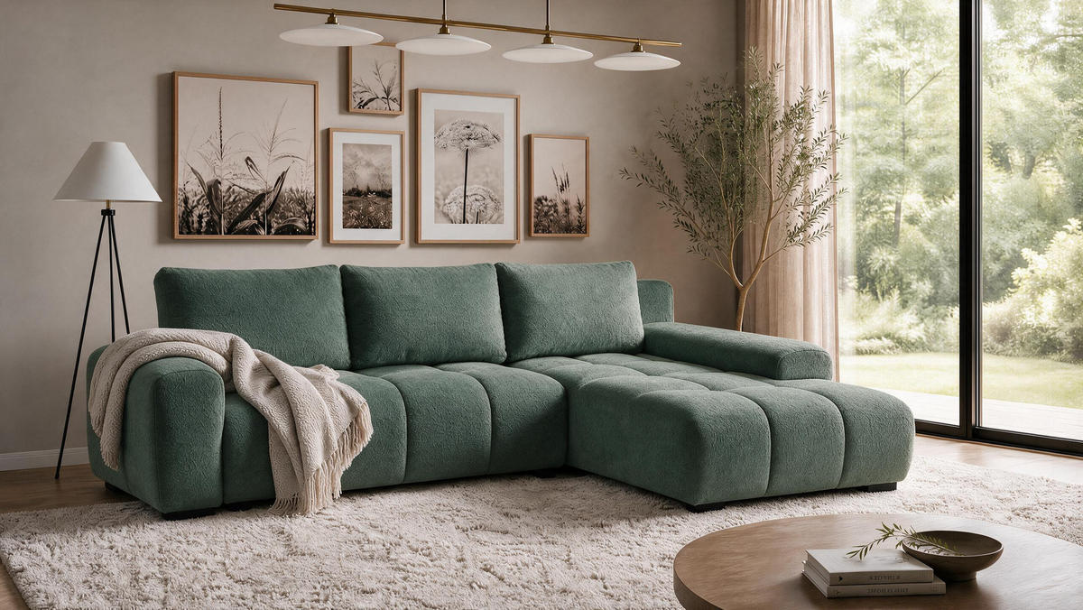 ECKSOFA Ovia mit Bettkasten und Schlaffunktion, Bouclé-Stoff in L-Form - Grün, Textil (270/185cm)